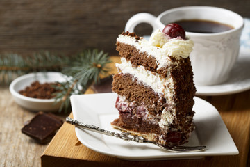 Chocolate and whipped cream cake with cherries or Black Forest cake