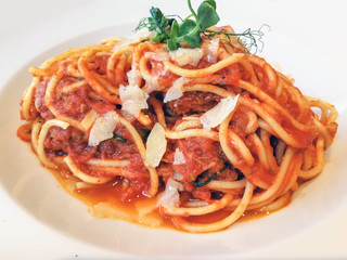 tasty pasta Italian meat sauce pasta on the table