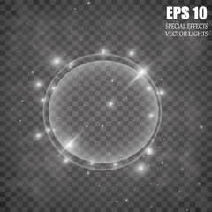 Abstract luxury chrome metal ring. Vector light circles and spark light effect. Sparkling glowing round frame on transparent. Sunny and cheerful background. Glow space for your message