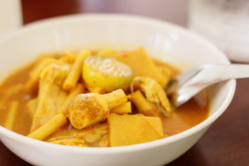 Sour soup with fish and taro and other vegetable thai food