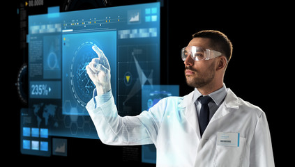 doctor or scientist in goggles with virtual screen - Powered by Adobe