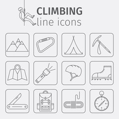 Rock-climbing equipment, climbing, rock climbing, mountaineering, equipment. Thin line icon set. Vector illustration.
