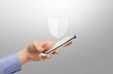 woman with smartphone and antivirus program icon