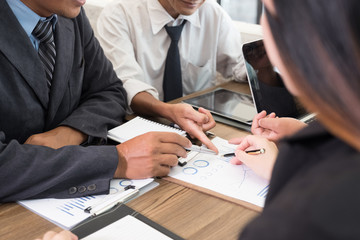 young business people and entrepreneur having a meeting around table in office. Conference, discussion, teamwork, collaboration, corporate concept.