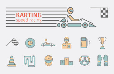 Karting flat icon set. Speed racing conceptual banner. Vector