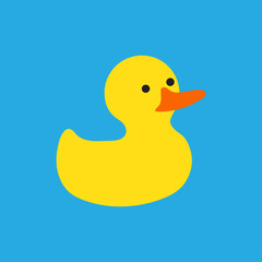 Rubber duck bath toy sticker in flat style on blue background. Vector illustration