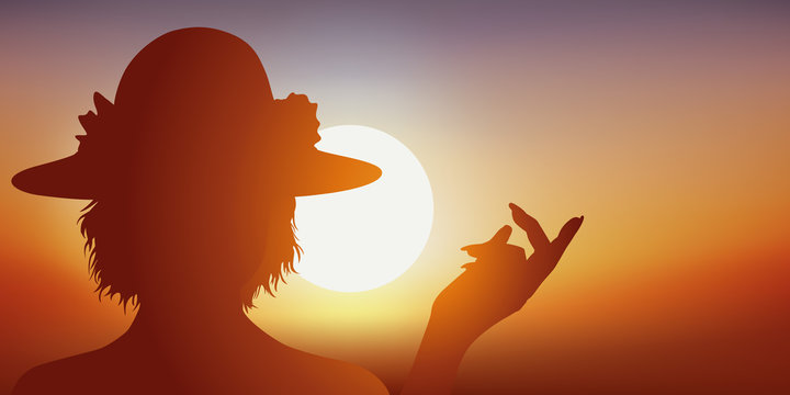 visage de femme - montrer du doigt - chapeau - mode - coucher de soleil