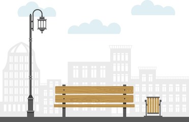 Bench street lamp and urn in the city. Cityscape vector illustration