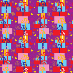 Seamless festive pattern with gifts on a violet background