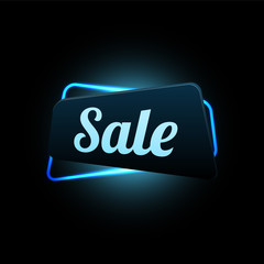Sale banner with blue neon light on dark background, vector, realistic design