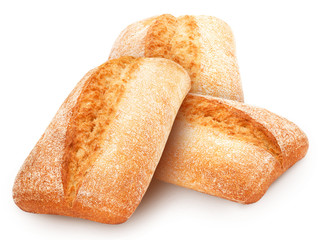 Three freshly baked loaves of traditional italian bread ciabatta isolated on white background. 