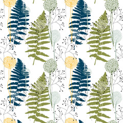 Floral pattern with fern leaves, dandelions and grasses.