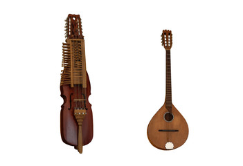 Mittelalterliche Musikinstrumente Nyckelharpa und Irish bouzouki über dem weißen Hintergrund