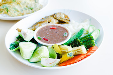 Shrimp paste chili sauce with fried Mackerel fish,chili sauce and vegetables, popular tradition thailand food.