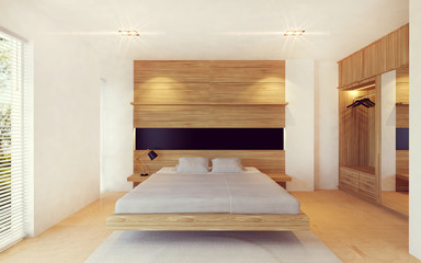 Modern bedroom interior in wood decoration, 3D rendering