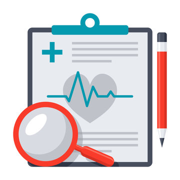 Medical diagnostic concept with medical report, pencil and magnifying glass, vector icon in flat style