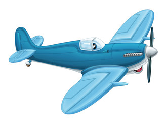 cartoon happy traditional plane with propeller smiling and flying over city