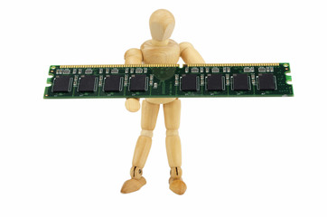 Wooden puppet carries a computer memory module isolated on a white background
