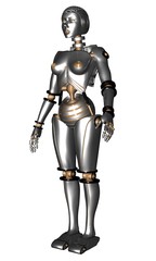 female robot or android in silver and gold standing against white background 