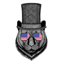 Panther Puma Cougar Wild cat wearing cylinder top hat and glasses with usa flag United states of America flag