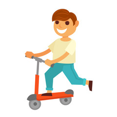 Happy little boy rides kick scooter isolated illustration