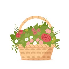Pink and red flowers with green in basket on white background. Vector flat illustration.