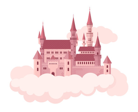 Pink castle on clouds. Vector flat illustration.