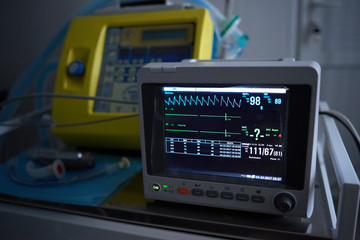 Close up shot of a vital signs monitor at the hospital operating theatre equipment technology blood...