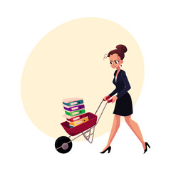 Sad, frustrated woman, girl, businesswoman pushing wheelbarrow with document folders, cartoon vector illustration with space for text. Woman, girl pushing wheelbarrow with document folders