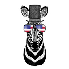 Zebra Horse wearing cylinder top hat and glasses with usa flag United states of America flag