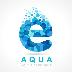 Aqua e letter logo. Logo of tourism, resort or hotel by the sea in letter E bubbles. Vector water sea liquid drop sign