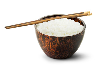 Cooked rice in wooden bowl