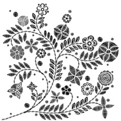 Embroidery simplified floral pattern contemporary flowers. Asymmetrical traditional trend fashion ornament with leaves and various fantasy plants on white background. Embroidery flower patch. Vector.