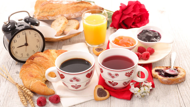 coffee,tea with croissant and jam