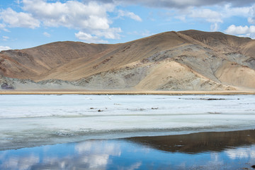 panoramic view of fluffy white clouds reflecting in watery surface of lake
