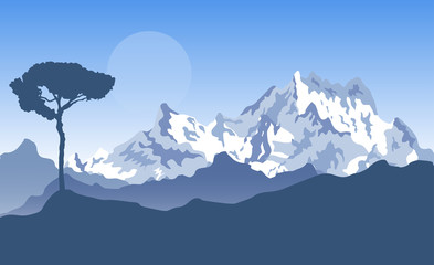 Blue mountains landscape. Silhouette of pine tree on the snowy mountains background. Vector illustration.