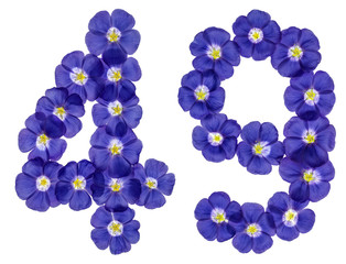 Arabic numeral 49, forty nine, from blue flowers of flax, isolated on white background