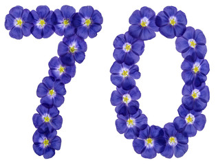 Arabic numeral 70, seventy, from blue flowers of flax, isolated on white background