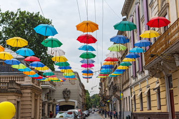 Decorations with hanging umbrellas