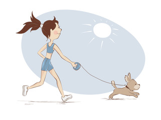 The girl on a run / Young woman is engaged in running with the dog