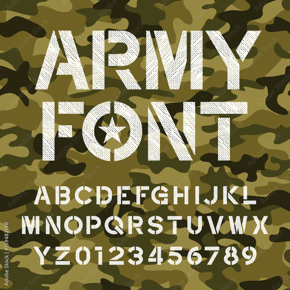 Fototapete army alphabet font. distressed type letters and numbers on a seamless camo background. vector typogr