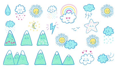 Vector hand drawn kids fashion doodles: sun, cloud, star, mountain, rain, rainbow, lightning. Cute weather set of cartoon stickers, patches, pins