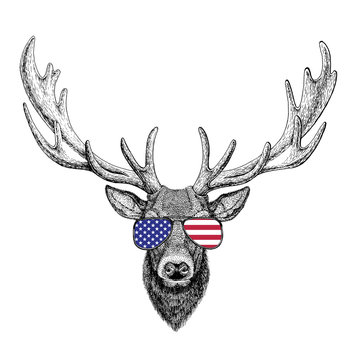 Deer Hand drawn illustration for tattoo, emblem, badge, logo, pa