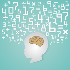 Side of baby face and smart brain calculation with number of mathematics zero to nine and symbolic