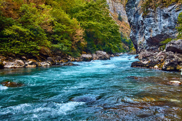 landscape with mountains, forest and a river. Mountain nature landscape