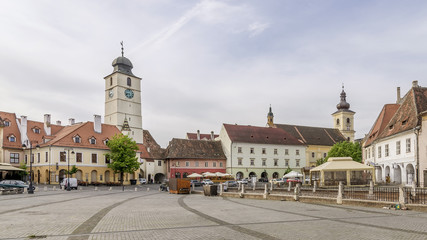Obraz premium The famous Piata Mica, Small Square, Sibiu, Romania, in a moment of tranquility