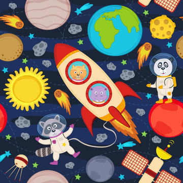 seamless pattern with rocket and animals - vector illustration, eps
