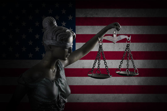 Lady Justice on flag of US background