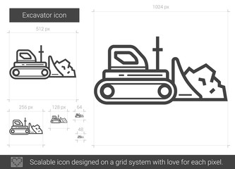 Excavator vector line icon isolated on white background. Excavator line icon for infographic, website or app. Scalable icon designed on a grid system.