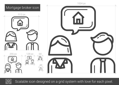 Mortgage Broker Vector Line Icon Isolated On White Background. Mortgage Broker Line Icon For Infographic, Website Or App. Scalable Icon Designed On A Grid System.